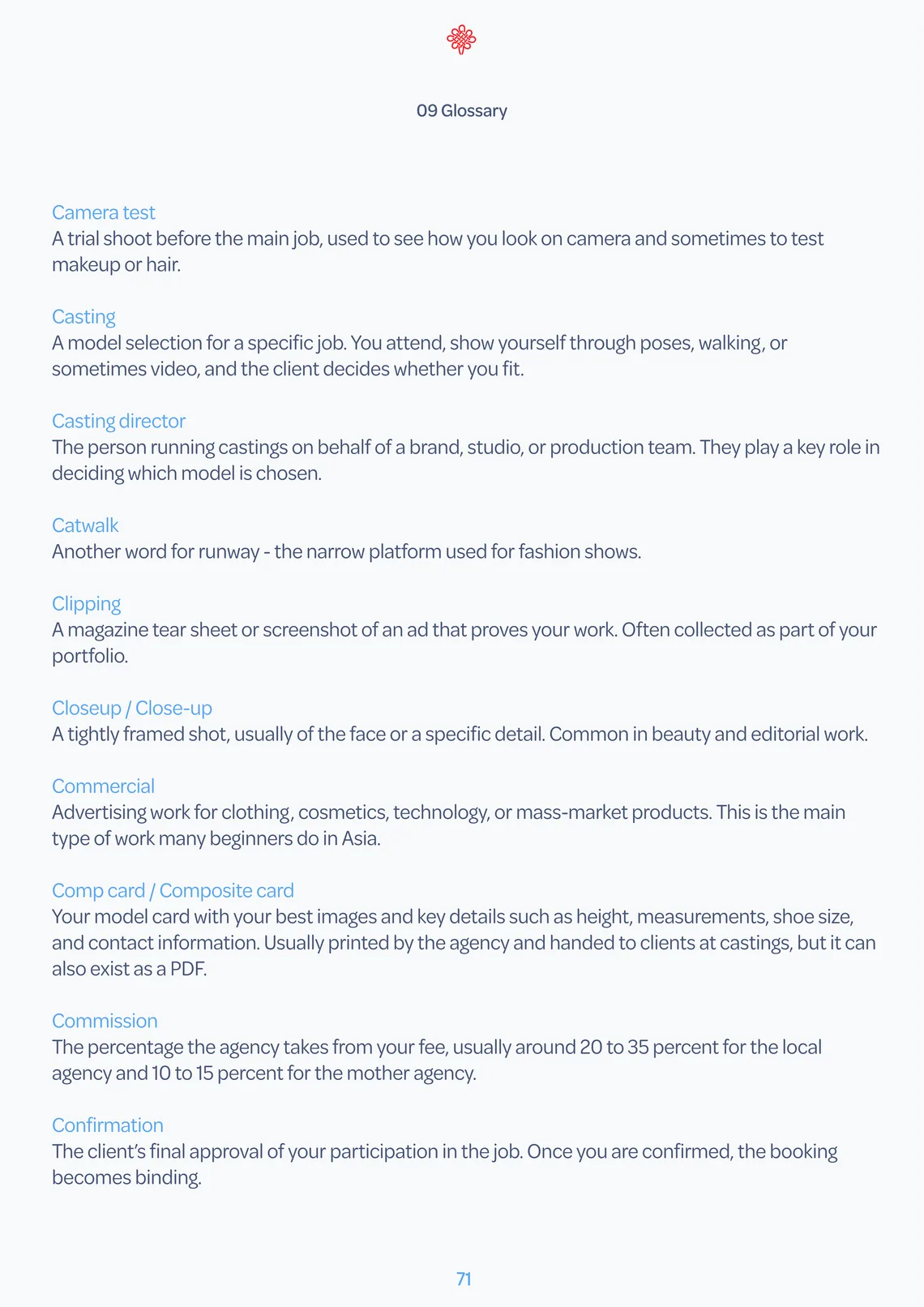Glossary page with industry terms from camera test to confirmation