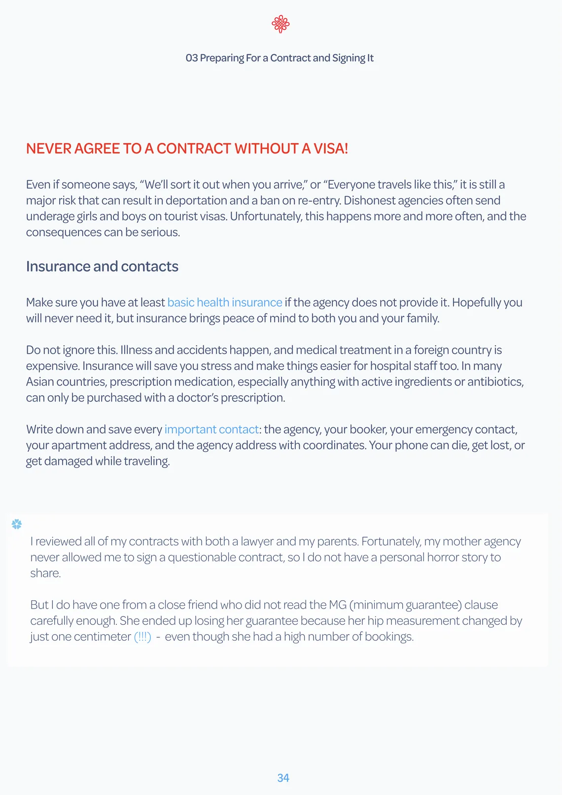Contract chapter page: never agree to a contract without a visa, insurance and contacts
