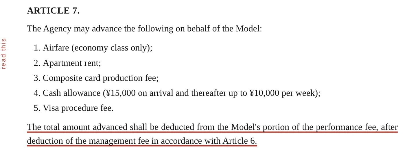 Sample page of a management contract: advances, deductions and termination clauses